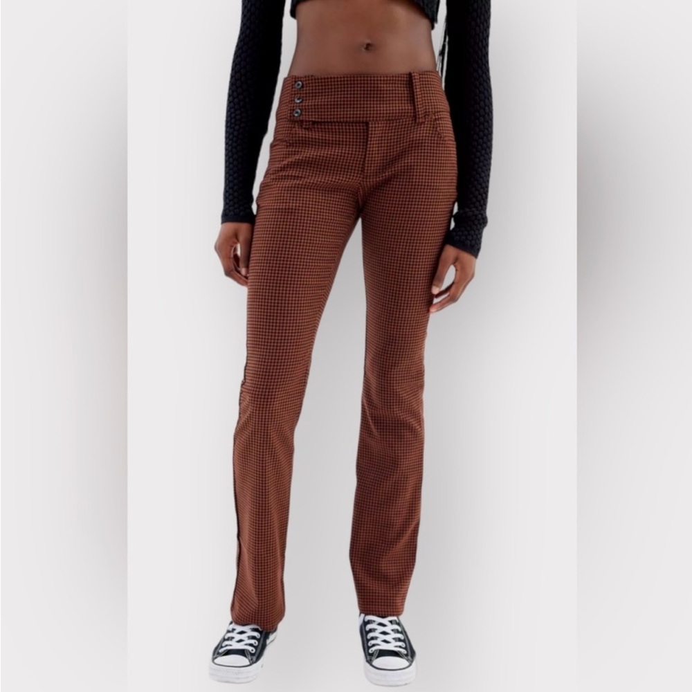 Brown Checkered High-Waisted Pants